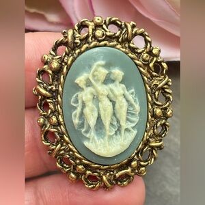 Vintage Blue Celluloid Three Graces Cameo Brooch